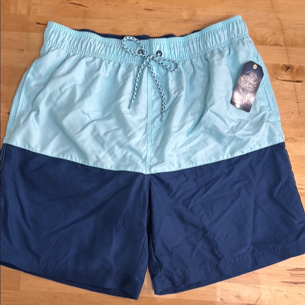 NWT FADED GLORY SWIM TRUNKS MEN XL TWO-TONE BLUE QUICK-DRY NAUTICAL POCKETS